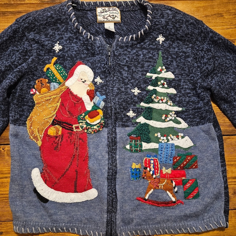 VTG Heirloom Collectables Christmas Cardigan Sweater Womens Med Santa Tree Zip